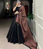 Black Mirror Work Cotton Lehenga Choli with Printed Dupatta