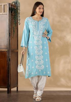 Blue cotton embroidery chikankari kurti 1