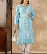Blue cotton resham embroidery chikankari kurti