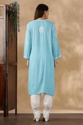 Blue cotton embroidery chikankari kurti 2