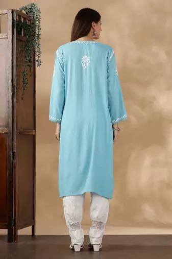 Blue cotton resham embroidery chikankari kurti