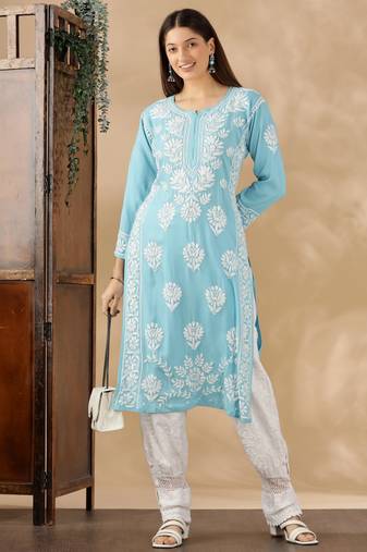 Blue cotton resham embroidery chikankari kurti