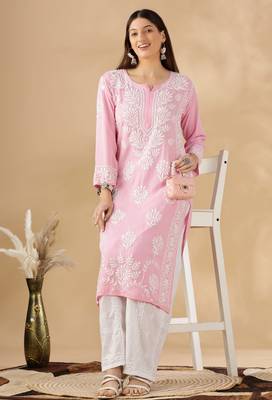 Pink cotton resham embroidery chikankari kurti 1