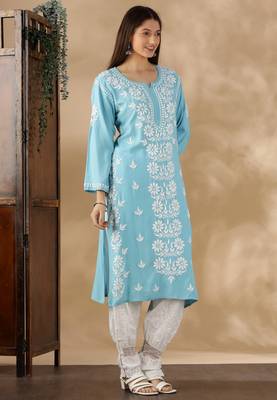 Blue cotton embroidery chikankari kurti 3