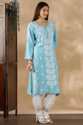 Blue cotton resham embroidery chikankari kurti
