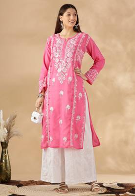 Pink cotton resham embroidery chikankari kurti 1