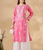 Pink cotton resham embroidery chikankari kurti