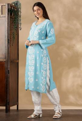 Blue cotton embroidery chikankari kurti 4