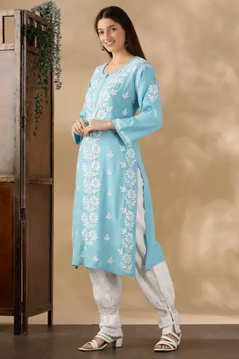 Blue cotton resham embroidery chikankari kurti