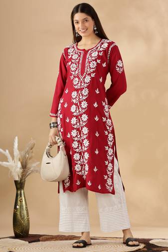 Maroon cotton resham embroidery chikankari kurti