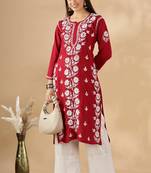 Maroon cotton resham embroidery chikankari kurti