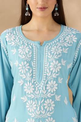 Blue cotton embroidery chikankari kurti 5