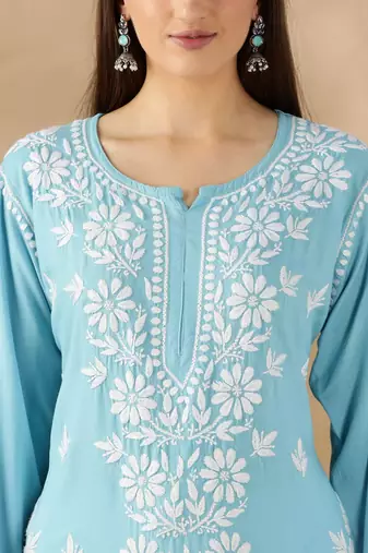 Blue cotton resham embroidery chikankari kurti