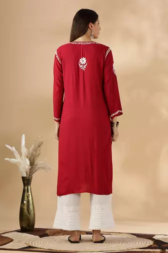 Maroon cotton resham embroidery chikankari kurti
