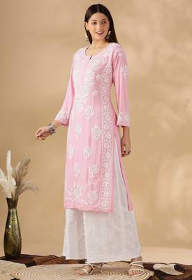 Pink cotton resham embroidery chikankari kurti 3