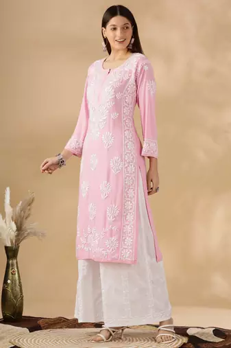 Pink cotton resham embroidery chikankari kurti