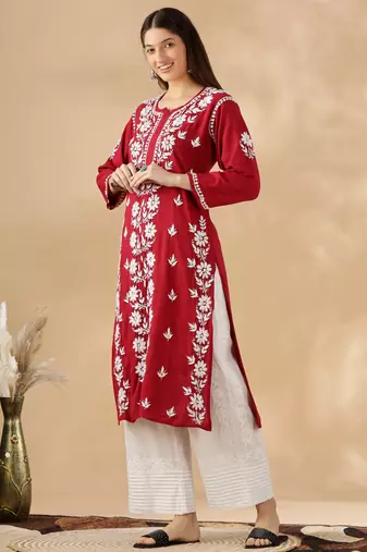 Maroon cotton resham embroidery chikankari kurti