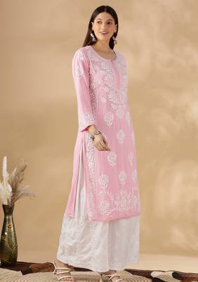 Pink cotton resham embroidery chikankari kurti 4