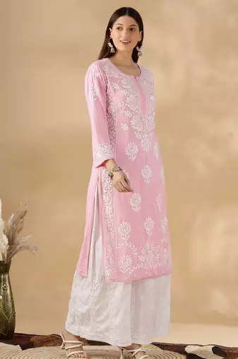 Pink cotton resham embroidery chikankari kurti