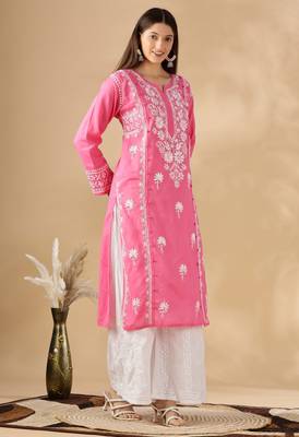 Pink cotton resham embroidery chikankari kurti 2