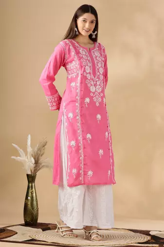 Pink cotton resham embroidery chikankari kurti