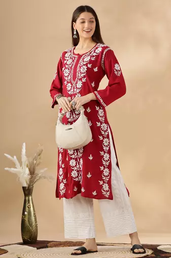 Maroon cotton resham embroidery chikankari kurti