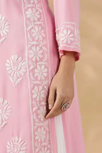 Pink cotton resham embroidery chikankari kurti