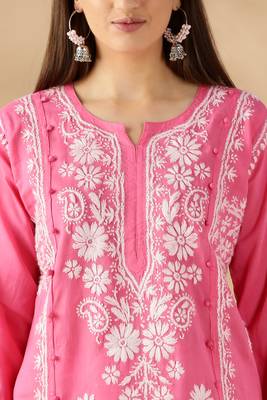 Pink cotton resham embroidery chikankari kurti 3