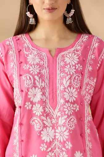 Pink cotton resham embroidery chikankari kurti