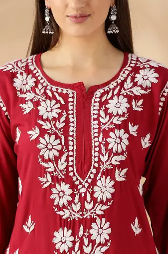 Maroon cotton resham embroidery chikankari kurti