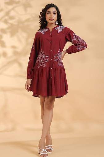 Wine embroidered cotton annie crimson midi dress