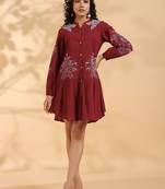 Wine embroidered cotton annie crimson midi dress