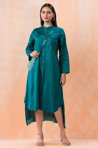 Teal plain cotton niharika teal midi dress