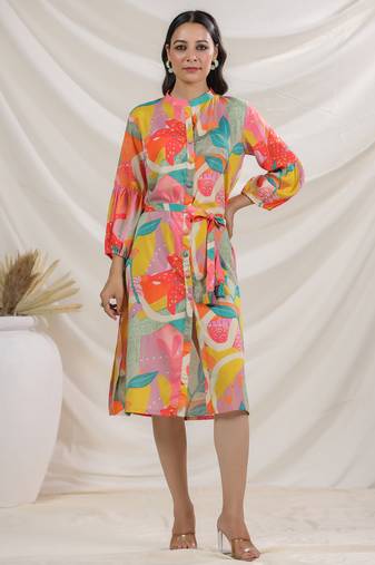 Multicolor embroidered cotton harshini tangerine midi dress