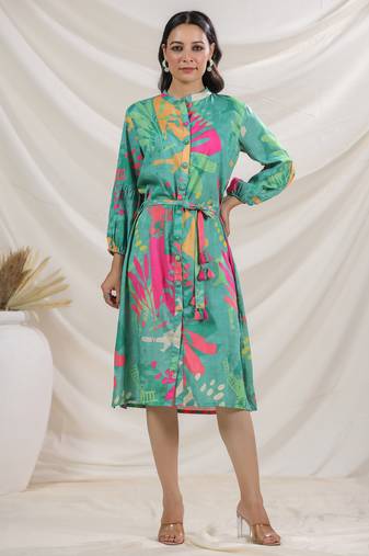 Teal embroidered cotton harshini teal midi dress