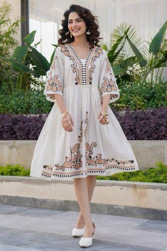 White embroidered cotton hemal caramel midi dress