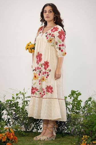 Off-white embroidered cotton hemal pearl maxi dress