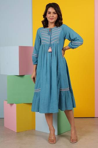 Blue embroidered cotton avanti cyan midi dress
