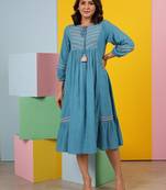 Blue embroidered cotton avanti cyan midi dress