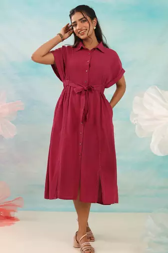 Burgundy plain cotton purna jam midi dress