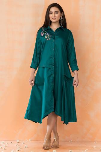 Green embroidered cotton sabhya fern midi dress