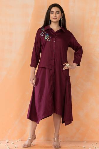 Maroon embroidered cotton sabhya jam midi dress
