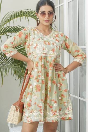 Green embroidered cotton viha floral mini dress