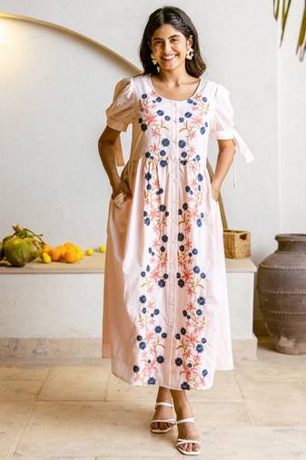 Off-white embroidered cotton viva apricot maxi dress
