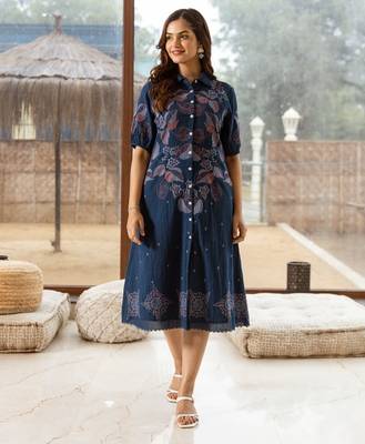 Navy-blue embroidered cotton viva azure midi dress 1