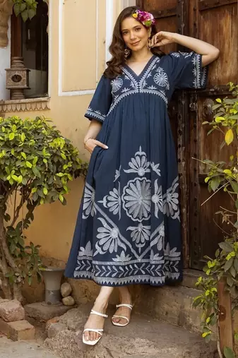 Blue embroidered cotton viva hibis midi dress