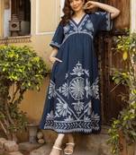Blue embroidered cotton viva hibis midi dress