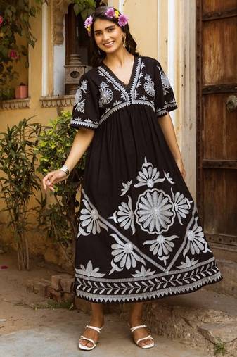 Black embroidered cotton viva jade midi dress