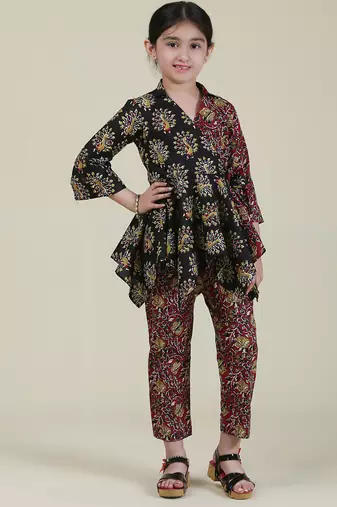 Black Cotton print Dual Colour Co-ord set For Kids