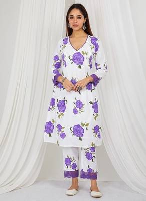 Purple floral printed Kurta set with lace detailing and kota doria dupatta 1